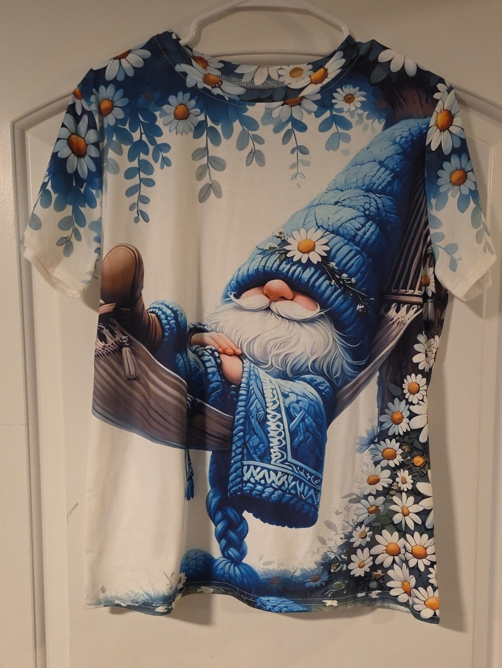 Blue Gnome Graphic Tee with Daisy Accents